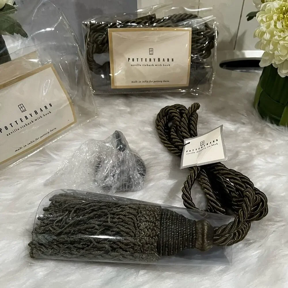 NEW Pottery Barn Seville Set 2 Tassel Drapery Tie Back + Hook Lichen Green NWT